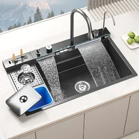 Waterfall Large Single Sink Kitchen Stainless Steel with Trash Can Multifunctional Vegetable and Dishwashing Basin Sink 1