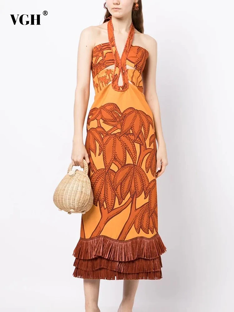 

VGH Patchwork Tassel Printing Casual Dresses For Women Halter Sleeveless High Waist Backless Sexy Slimming Dress Female Fashion