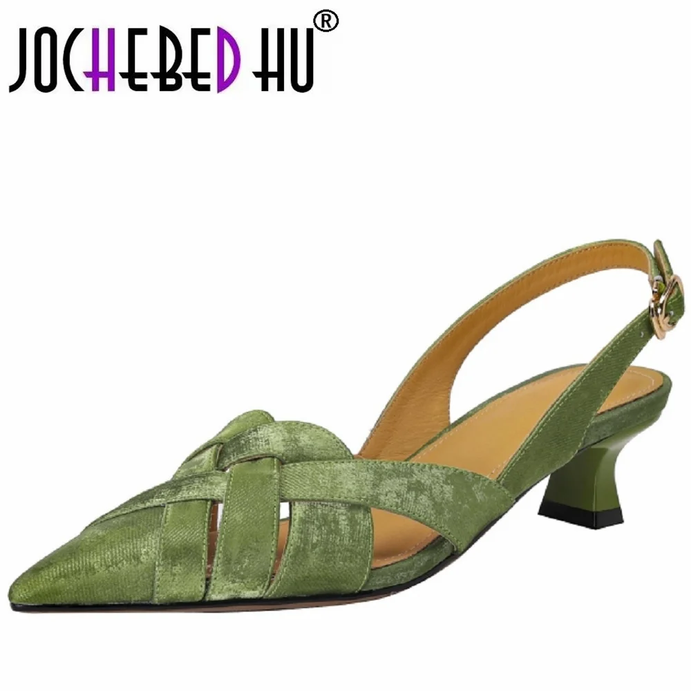 

【JOCHEBED HU】Women's genuine leather narrow band cross strap pointed toe slingback kitten heel sandals summer new shoes 34-40
