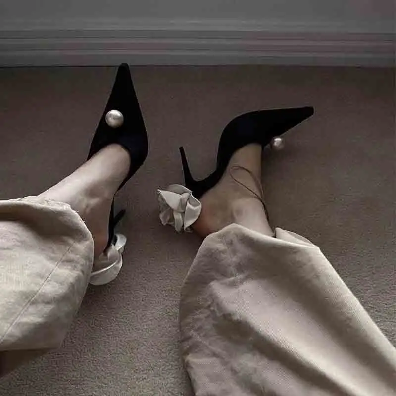 

Women Slippers Elegant Black Pointed Toe Satin Slippers Pearl Rose Flower Decor Sexy Thin High Heels Party Banquet Mules Shoes