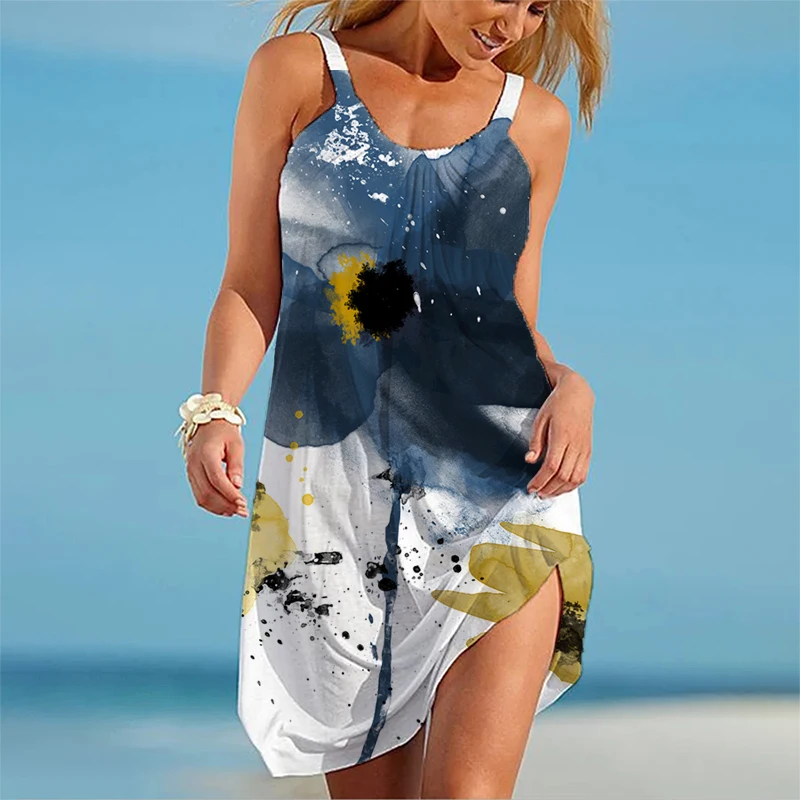 

2023 Flower 3d Print Beach Dress for Ladies Women Hawaii Sexy Dress Strap Sleeveles Traf Sundress Casual Camisole Vestidos Gown