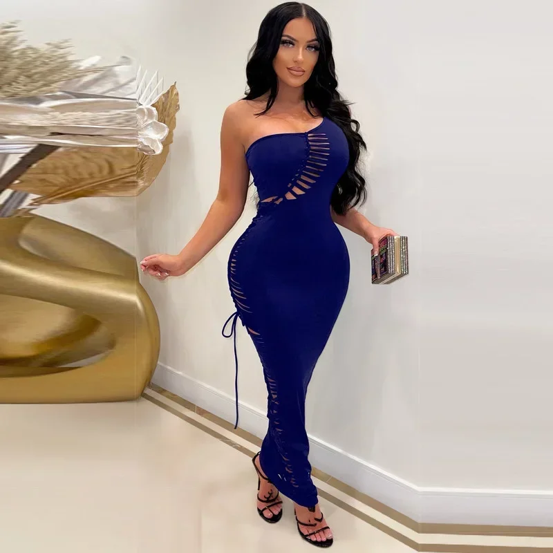 

Черное облегающее Макси-платье KEXU на одно плечо с лазерным вырезом, женское ажурное Бандажное Ночное платье на шнуровке, сексуальная клубная одежда