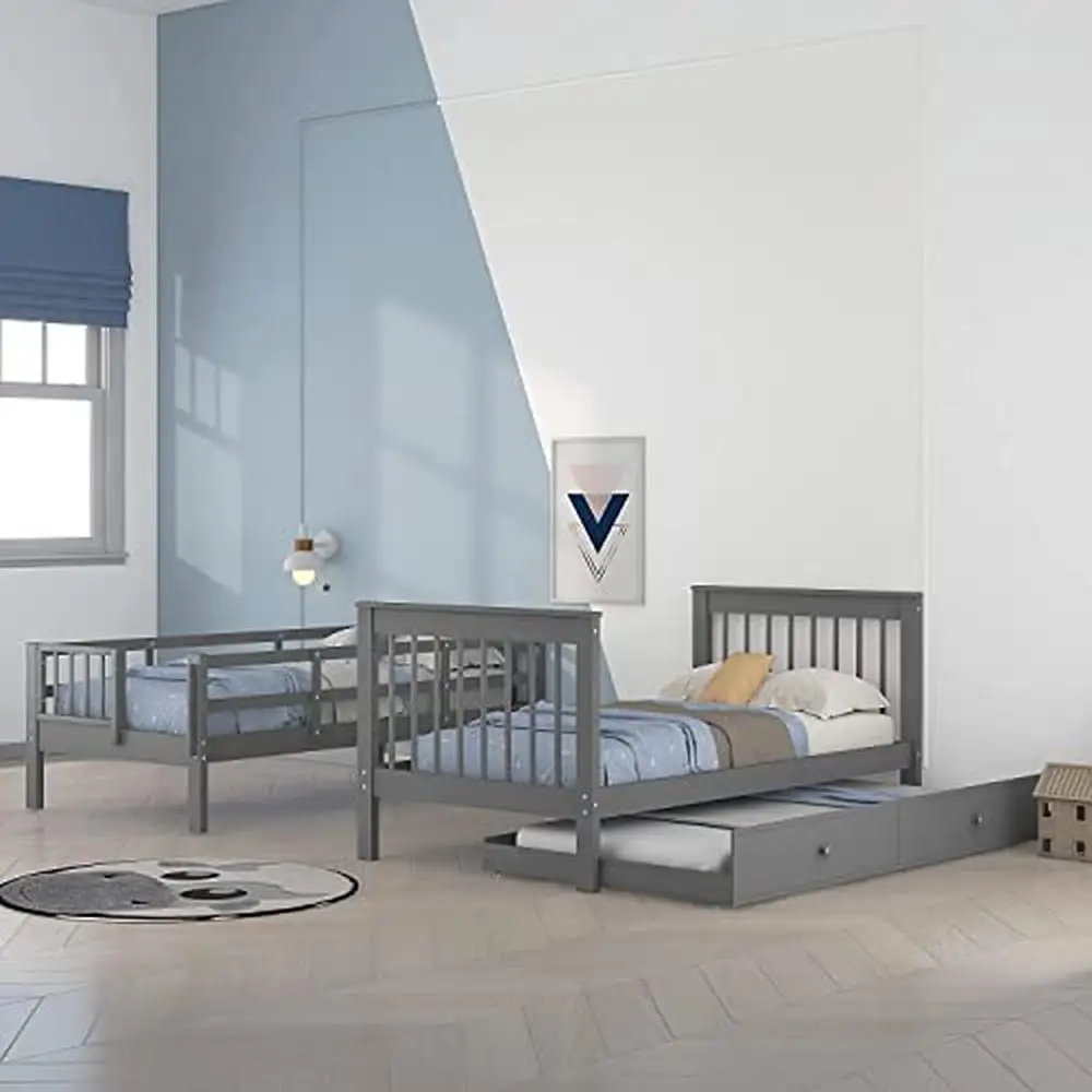 Twin Bunk Bed with Trundle Stairs Open Shelves Kids Teens Bedroom Grey Espresso Modern Sturdy Wood Kids Furniture Guest Room 3