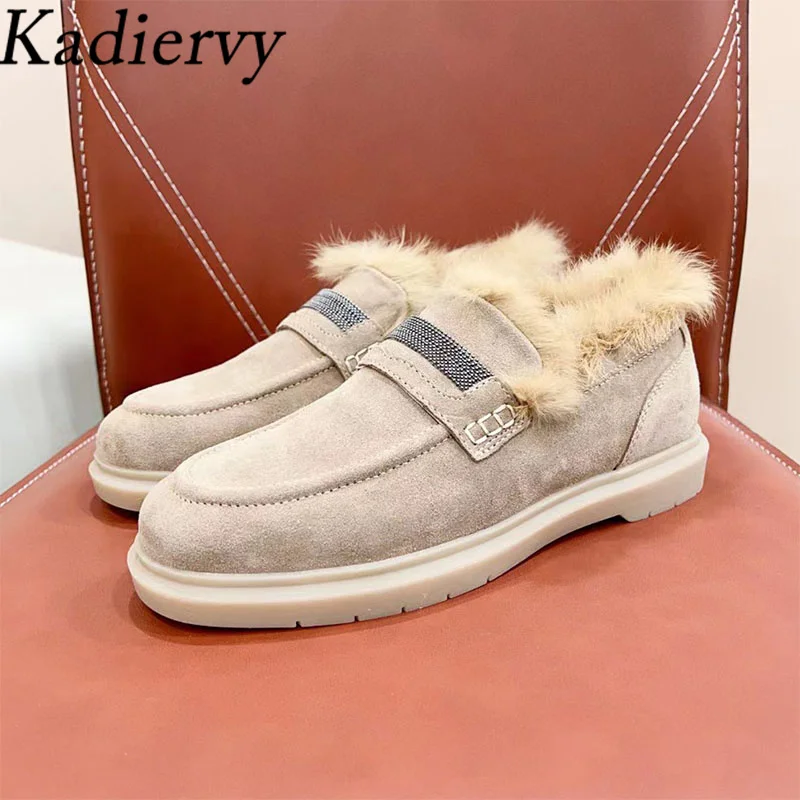 

Winter Shoes Woman Round Toe Slip-on Loafers Rabbit Hair Warm Flat Walk Shoes Female Cow Suede String Bead Fur Shoes Women