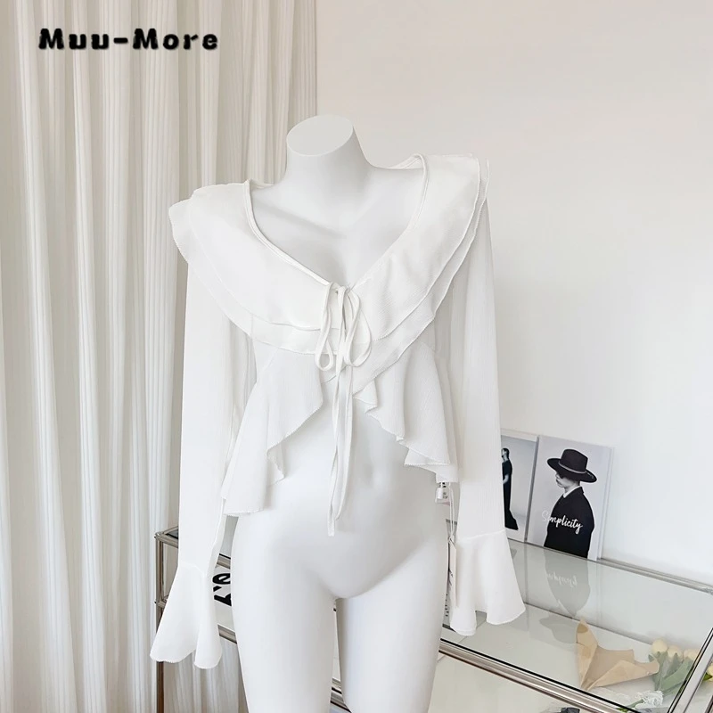 

Женская Асимметричная шифоновая блузка, привлекательная белая блузка составного кроя с оборками и V-образным вырезом, шикарные топы для осени и зимы, 2023