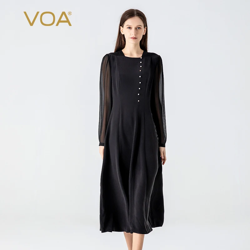 30 Momme Heavyweight Silk Square Collar Shirt Long Sleeves New In Dresses High Quality Office Ladies Black Long Dress AE1908