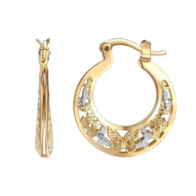 

Vintage Metal Hand Engraved Butterfly Pattern Hoop Earrings Classic Women's Gold Color Hook Drop Earrings