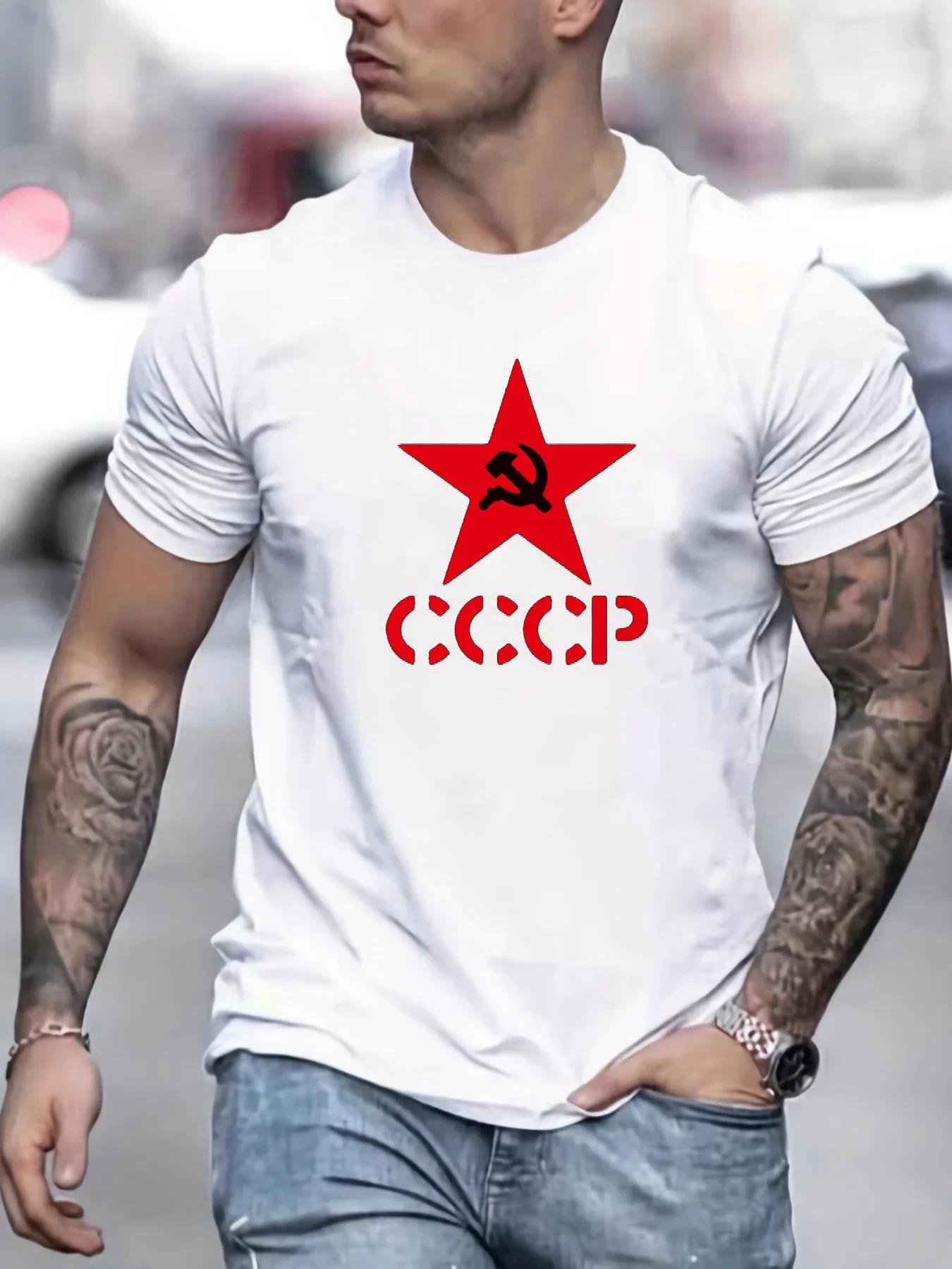 여름 여성용 면 패션 캐주얼 스포츠 티셔츠 CCCP 레터 펜타그램 프린트 라운드넥 반팔 티셔츠 유니섹스