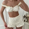 Pyjama sexy en satin HiLoc pour femme, ensemble 2 pièces avec débardeur court et short à taille élastique froncé, tenue d'intérieur unie pour femme