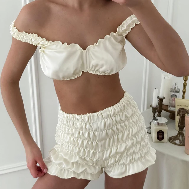 Pyjama sexy en satin HiLoc pour femme, ensemble 2 pièces avec débardeur court et short à taille élastique froncé, tenue d'intérieur unie pour femme