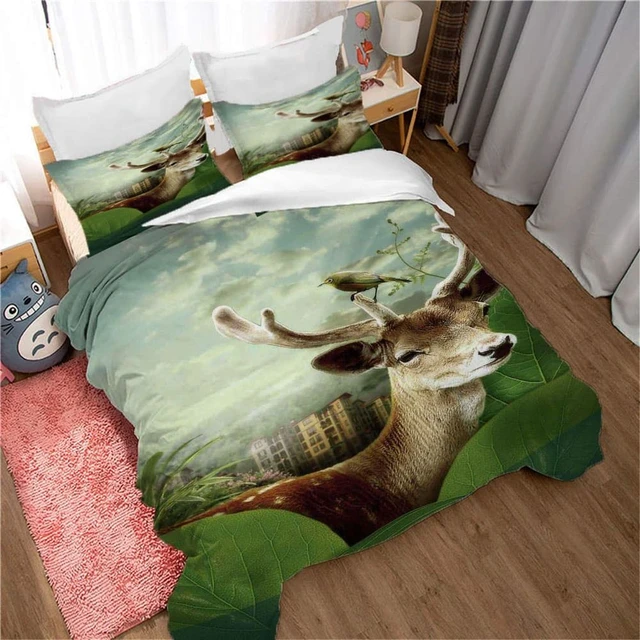 Cerf avec bois sur fond vert, ensemble de couverture, drap de lit, taies  d'oreiller, plusieurs tailles | AliExpress