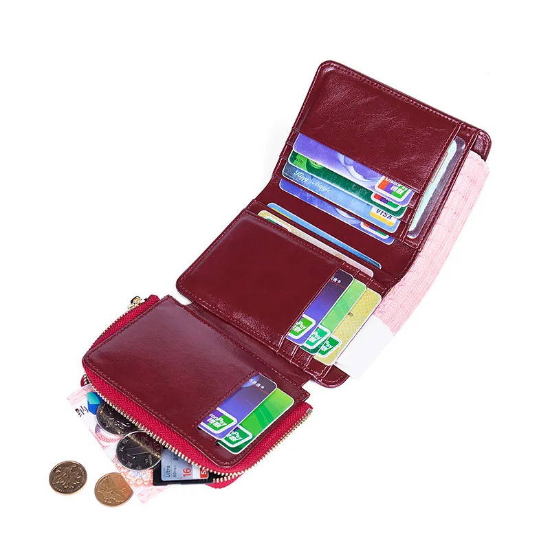 Чист цвят, мека естествена кожа, държач за карти за жени Тройно сгънат портфейл Packer Портмоне за монети
