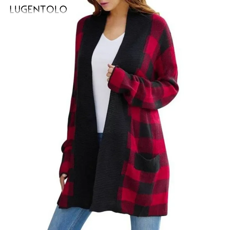 

Women Loose Knitted Sweater Cardigan Casual Autumn Winter Lady New Pocket Elegant Fashion Plaid Versatile Cloth