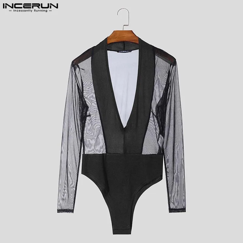 American Style Homewear Men's Splicing Mesh Jumpsuits Male Casual Bodysuits INCERUN