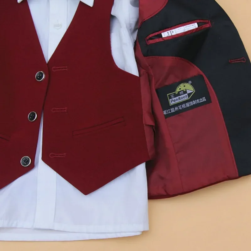 Children's Boy Suit Red Suit In Spring And Autumn wedding set including 4 Pieces jacket +vest +pants+bow tie size 2-12 years