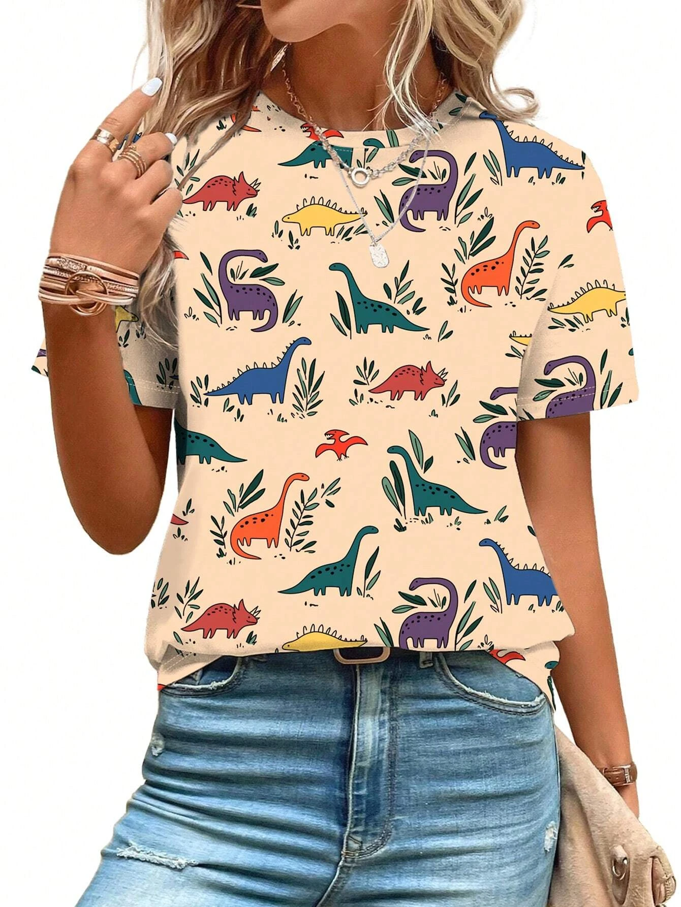 2025, lässiges Sport-Damen-T-Shirt, Sommer, neues Rundhals-Kurzarm-Cartoon-Dinosaurier, lockerer, leichter Stoff, lässiges Damen-T-Shirt