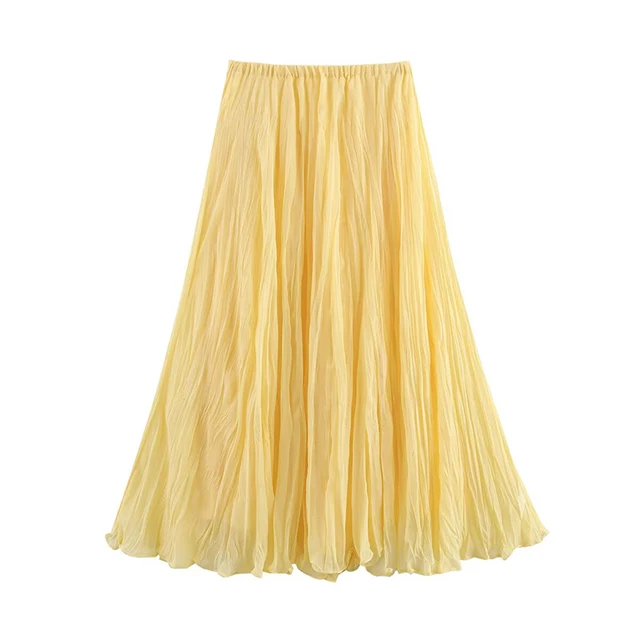 YENKYE Women Crinkle A-line Midi Butter Yellow Skirt Elastic Waist Spring Summer Holiday Elegant Skirts New 2025 faldas mujer