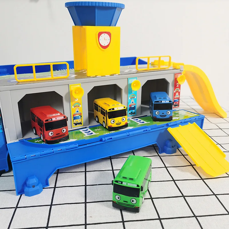 Simulation The Little Bus Container Truck Storage Box Parking Lot Cartoon Children Toys with 3 Pull Back Car Set Toys for Kids