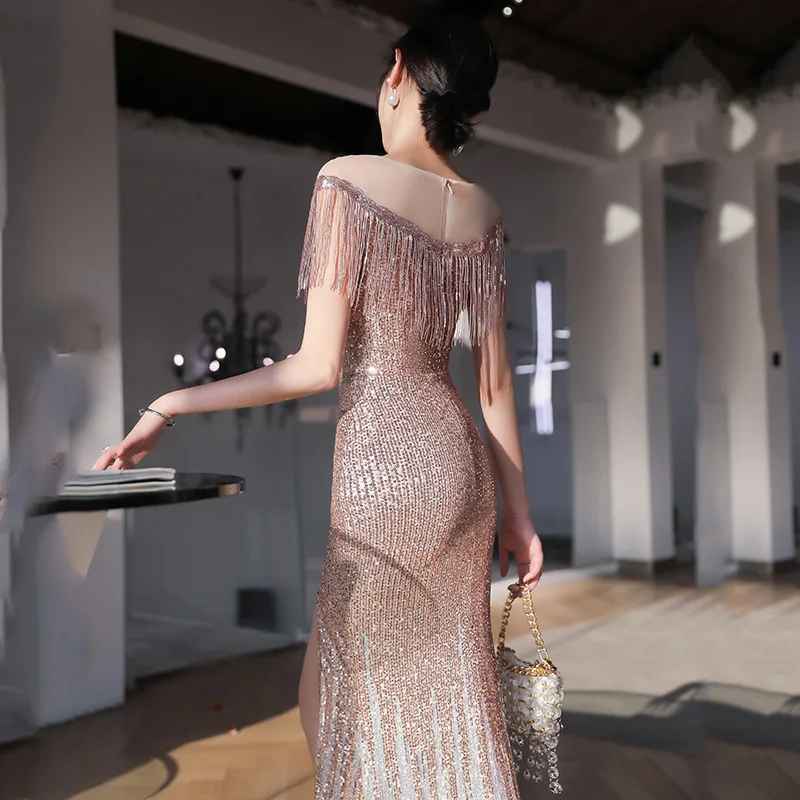 Shoulder Tassel Banquet EvEning Dress, Female AurA Queen, New Fishtail Host Slim Fitting Dress  Elegant stylish comfortable