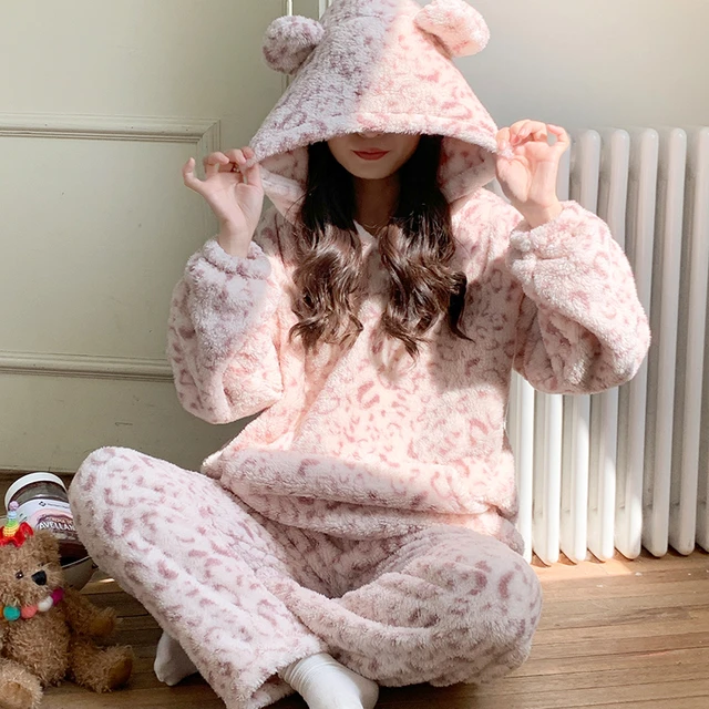 2023 New Coral Fleece Women Pajama Thickening Hooded Long Sleeve 2