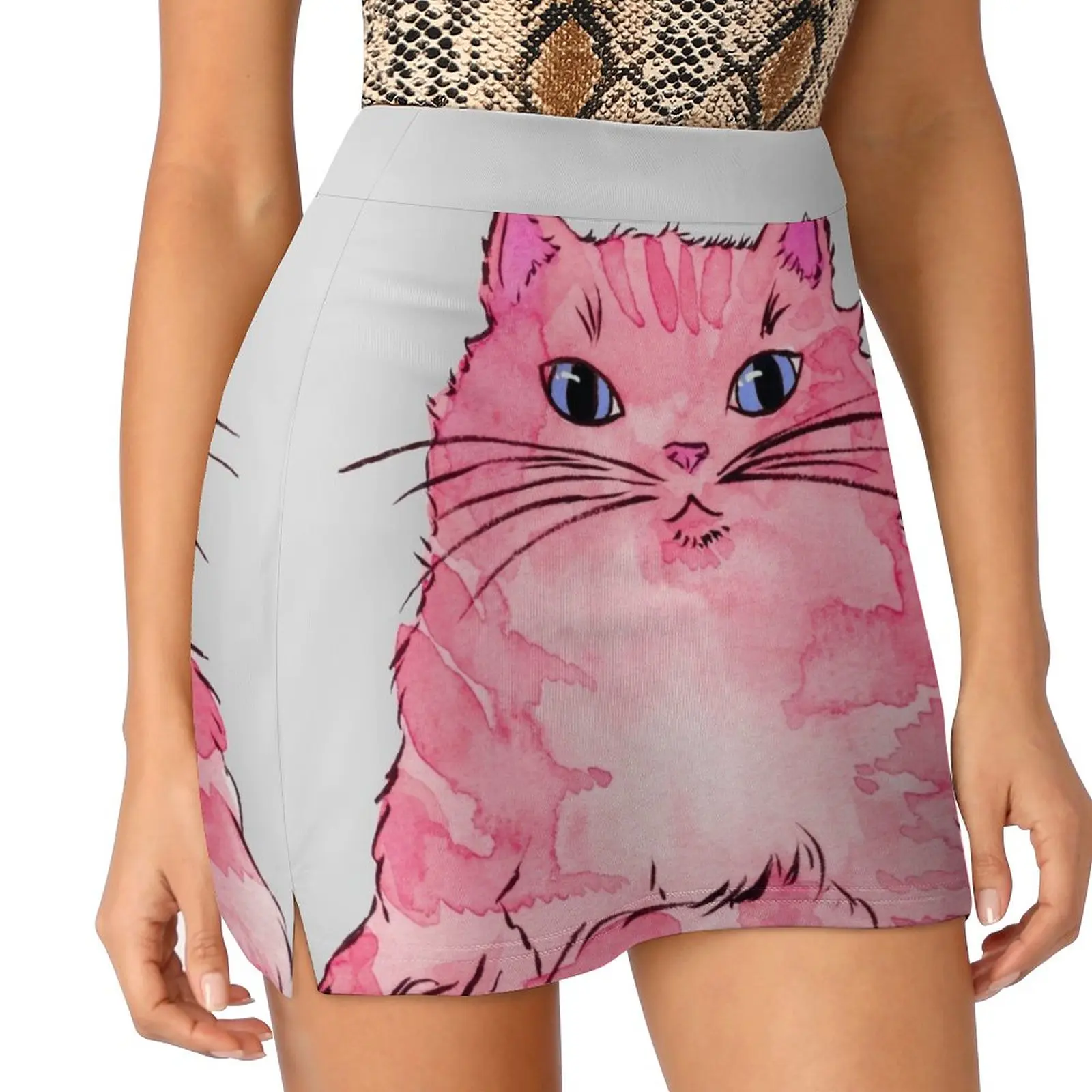 

Fluffy Pink Cat in Watercolor and Ink Light proof trouser skirt skirts for womans korean clothes ladies mini skirt