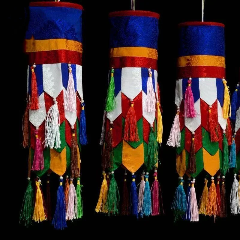 Description Picture 5 of itemBuddhism Ribbon Colorful Flags,Cylindrical Buddha-Embroidered Pendant,Tibetan Umbrellas Banner Hanging Decoration Buddhist Item