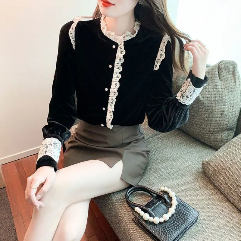 Women's Blouse Button Vintage Round Neck Wooden Ear Edge Shirt 2023 Autumn and Winter Long Sleeved Lace Patchwork Elegant Tops