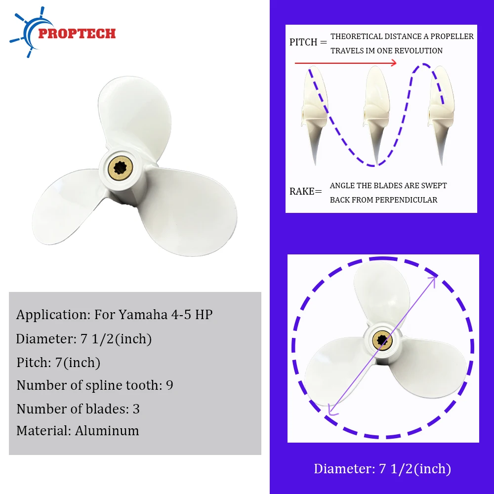 Marine Propeller For YAMAHA Outboard Motor Propeller 4HP 5HP Boat Ship Aluminum Screw 3 Blade 9 Spline Fit 7 1/2*7 inch