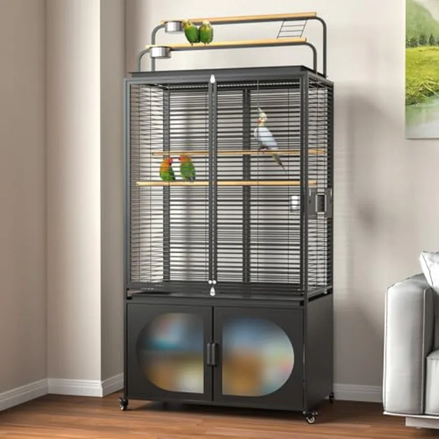 Large Bird Cage with Play Top and Rolling Storage Cabinet 1