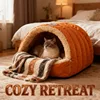 Cat Bed Semi Enclosed Winter Cat and Dog Bed with Leather Edging Windproof and Warm Small Animals in Cold Weather