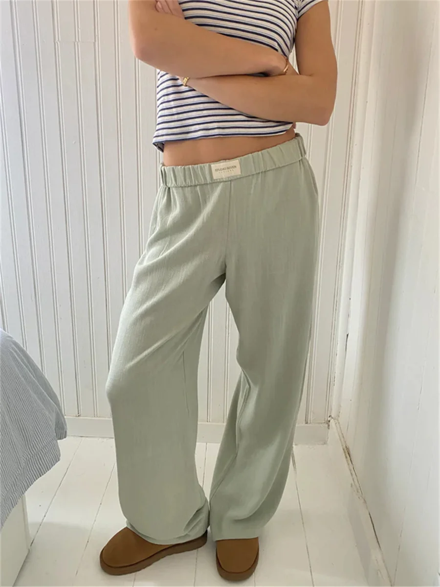 

Y2k Pink Lounge Pants Pinstriped Print Elastic Mid Waist Pants with Pockets Women Vintage Loose Casual Comfy Pants Streetwear