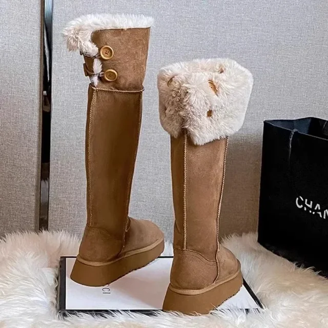 Winter Women’s Keep Warm Short Plush Flat Suede Snow Boots New Platform Knee High Boots for