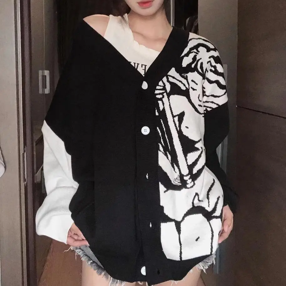 

Street Harajuku Loose Sweater Angel Embroidery Patchwork Cardigan Buttons Long Sleeve V-Neck Winter Sweater Woman Fashion Casual