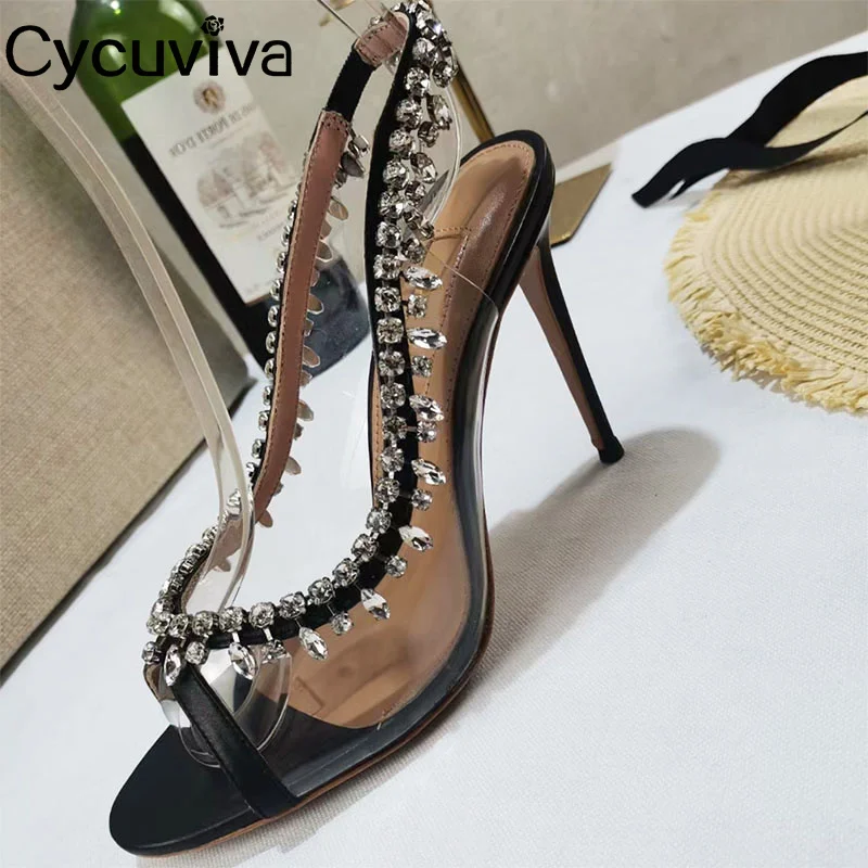 

Sexy Tassel Crystal Women Party Sandals Peep Toe Thin High Heel Banquet Shoes For Woman Clear Pvc Women Sandals 2023