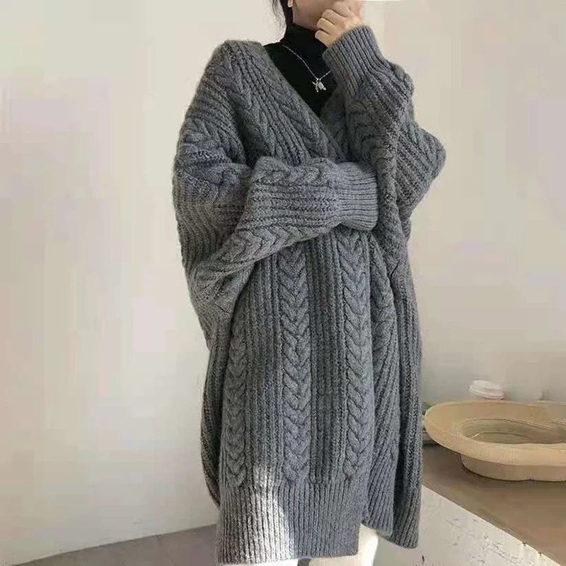 

Fashion Women Knitted Cardigans Autumn Winter Korean Loose Batwing Sleeve Sweaters Mid Length Warm Casual Solid Ladies Knitwear