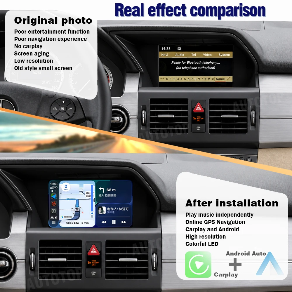 AUTOTOP Pantalla multimedia para coche de 7 pulgadas que conserva el estilo original de fábrica, pantalla táctil para Benz GLK X204 2008-2015 NTG4.0/4.5, radio Linux con CarPlay inalámbrico, Android Auto, navegación GPS, asistente de Google Siri, pantalla de tablero con velocidad y RPM en tiempo real, cámara de respaldo 2