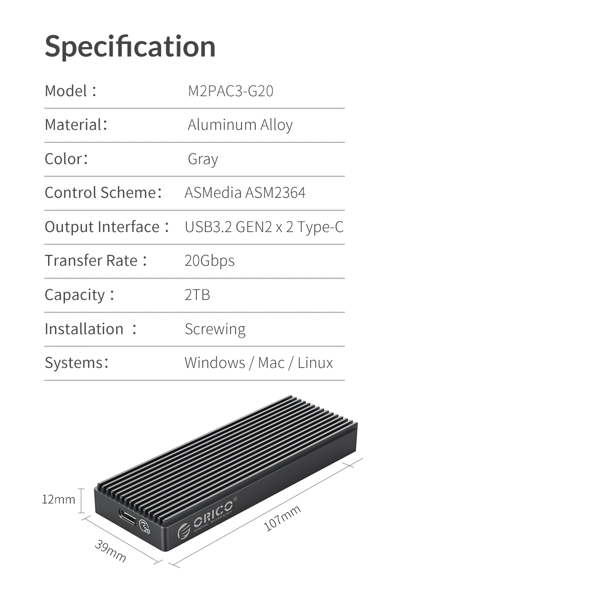 ORICO-M2 Caso SSD com Ventilador de Refrigeração