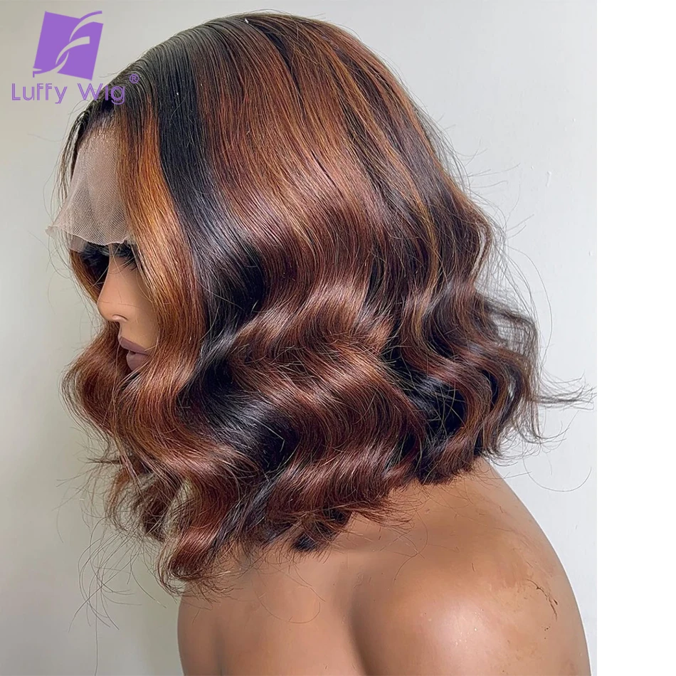 Human Hair Wig Lace Front Wigs Ombre Honey Blonde Colored Short Body Wave 13x6 HD Lace Frontal Wig with Bangs Pixie Cut Bob