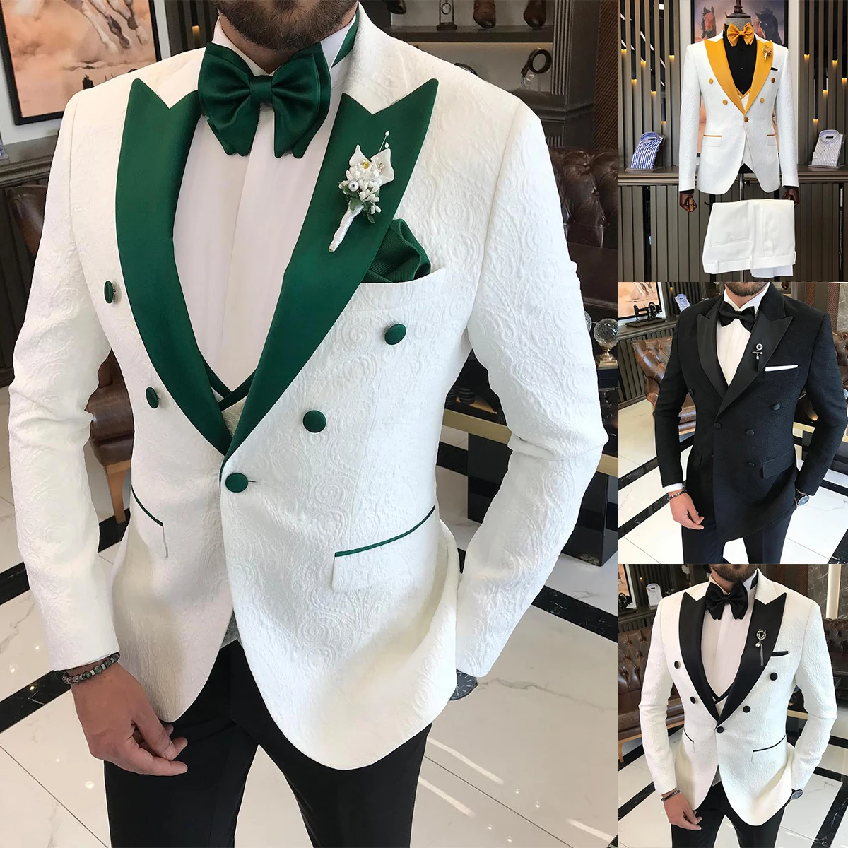

Classic Men Suits Tuxedo Peaked Lapel One Button Jacquard Weave Customized 3 Pieces Blazer Vest Pants Tailored Groom Elegant