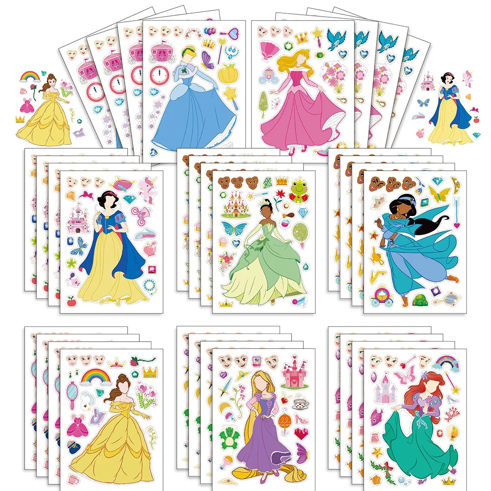 8/16Sheets Make Your Own Disney Cartoon Puzzle Stickers Princess Kawaii Decals Make-a-Face Assemble Jigsaw DIY Children Game Toy 8 16sheets kawaii