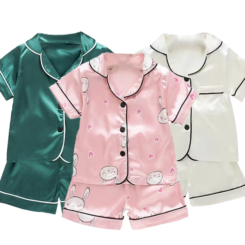 Boys Girls Ice silk satin Cartoon printing Tops Pants Set home Wear Children's pajamas set Baby suit Kids Clothes Toddler 1