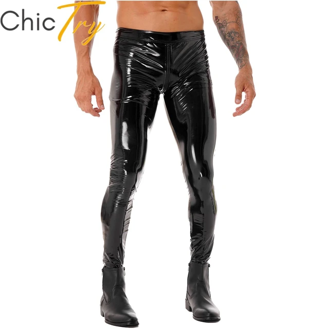 Fashion Men Leather Pants Black PU Leather Leggings Wetlook Tights