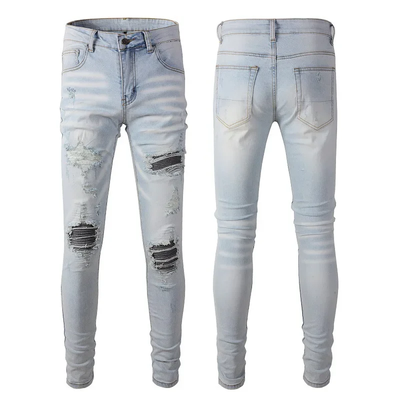 

2024 New High Street Trendy Light Blue Perforated Jeans Men's Patch Slim Fit Ripped Distressed Knee Patch Jeans