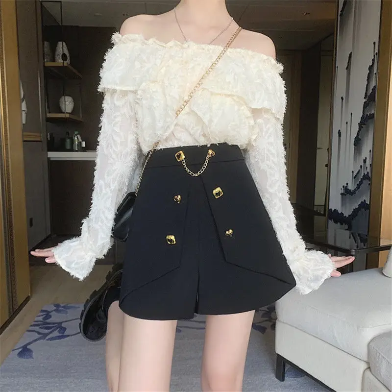 Women's Spring Autumn New Elastic Waist Black A-line Shorts Solid Color All-match Patchwork Shorts Elegant Fashion Clothing