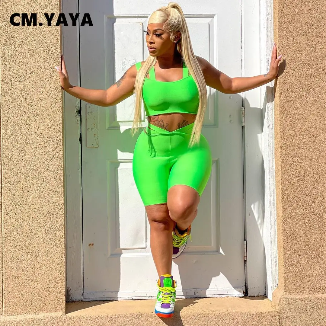 CM.YAYA Active Elegant Two 2 Piece Set for Women 2022 Summer Orange Crop Tops and Shorts Matching Set Outfits Sport Tracksuit 5