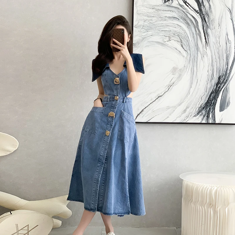 [ ] Pop Over Denim Dress ★大人気★ Women 2024 Designer Retro Denim Dresses Turn-down Collar