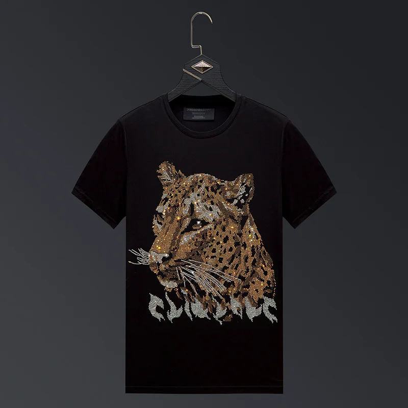 

2023 Animal Womens T Shirts Leopard Rhinestones Fashion Clothing Slim O Neck Short Sleeve T-shirts Casual Streetwear Plus Size