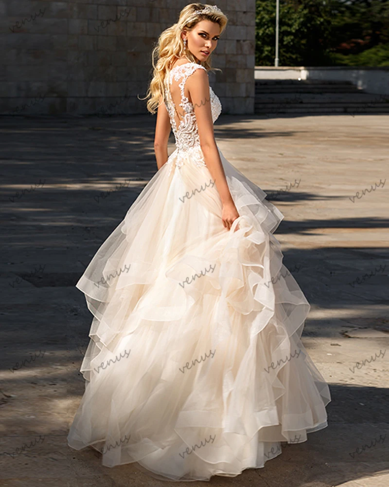 Gorgeous Wedding Dresses A-Line Tulle Tiered Bridal Gowns Lace Appliques Floor Length Robes Vestidos De Novia 2025 Customized 2