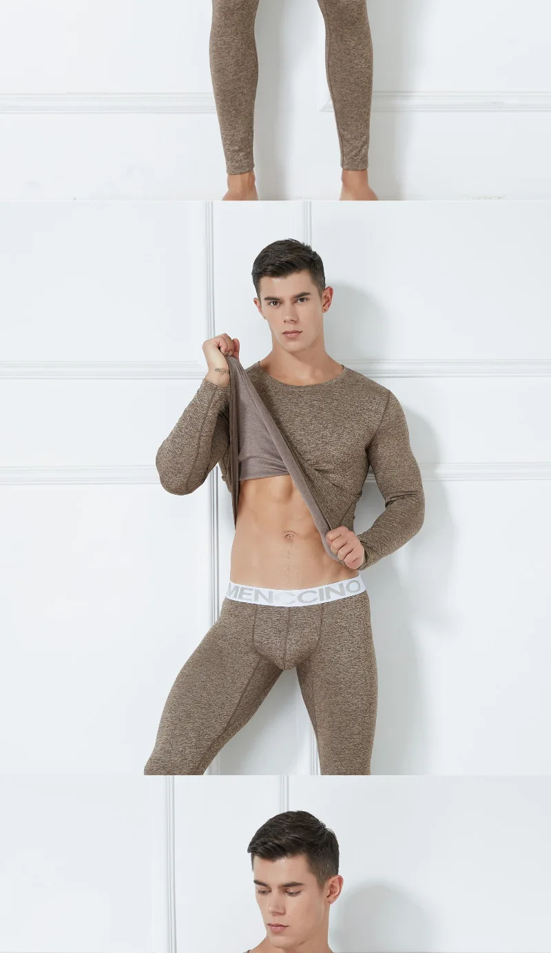Set Autumn Winter Thermal Underwear Men's Round Neck Plush Thickened Warm Underwear Youth Tight Fashion Clothe Top and Pant Suit