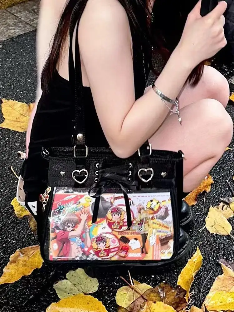 JIAERDI Transparent Ribbon Bow White Ita Bag Women Harajuku Aesthetic Large Capacity Shoulder Bags Lady Versatile Satin Handbag